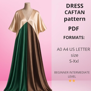 May include: A caftan dress pattern in PDF format. The dress on the mannequin has a colour-blocked design with gold, green, and brown panels. The image text indicates the pattern is available in sizes S-XXL. The pattern is for beginner to intermediate sewers.