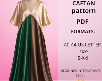 Patrón de costura para vestido caftán con bloques de color geométricos / PDF digital. Patrón de caftán para vestido estilo kimono extragrande.
