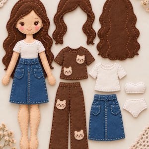 May include: A felt doll with long brown hair wearing a white t-shirt and blue denim-style skirt. The set includes additional felt items: a brown t-shirt with cat faces, brown trousers with cat faces, a white t-shirt, a white skirt, and white underwear.