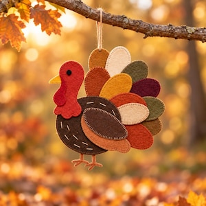 May include: A hanging felt turkey ornament featuring a red head and wattle, a dark brown body, and a fan of layered tail feathers in shades of cream, orange, yellow, olive green, and burgundy, suspended by a thin twine string from a tree branch.