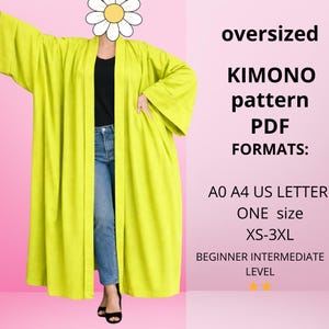 Può includere: Un kimono oversize verde lime. L'immagine include il testo "oversized KIMONO pattern PDF FORMATS: A0 A4 US LETTER ONE size XS-3XL BEGINNER INTERMEDIATE LEVEL". Il kimono è indossato sopra un top nero e jeans blu.