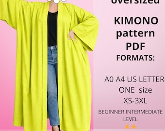 Patrón de costura para kimono / Patrón para caftán / Tamaños: A0, A4, Carta estadounidense / Nivel principiante a intermedio / Tallas: XS-3XL