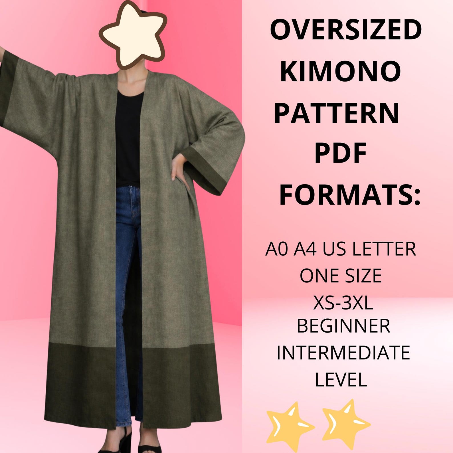 Intermediate Sewing Pattern Kimono Pattern Sewing | Caftan Pattern Abaya Pattern A0, A4, US Letter ...