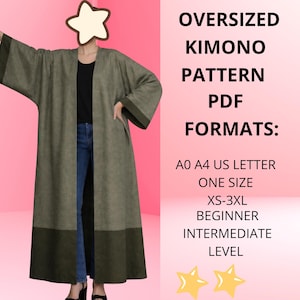 Könnte beinhalten: Ein übergroßer olivgrüner Kimono mit dunkelgrünen Zierleisten. Das Bild enthält Text mit der Aufschrift "OVERSIZED KIMONO PATTERN PDF FORMATS: A0 A4 US LETTER ONE SIZE XS-3XL BEGINNER INTERMEDIATE LEVEL."