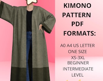 May include: An oversized olive green kimono with dark green trim. The image includes text that reads "OVERSIZED KIMONO PATTERN PDF FORMATS: A0 A4 US LETTER ONE SIZE XS-3XL BEGINNER INTERMEDIATE LEVEL."