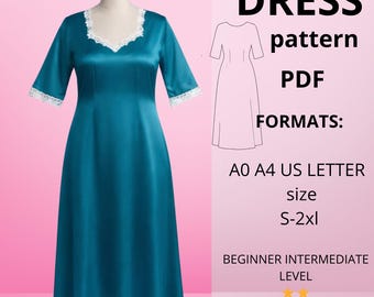 Patrón de costura para vestido caftán / Escote corazón, largo modesto (PDF, tallas S-2XL)