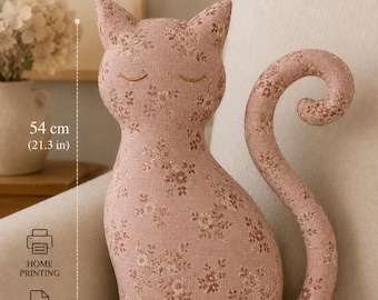 Patrón de costura de gato para almohada en PDF, patrón de costura de animal en formato A4, patrón de costura digital para peluche.