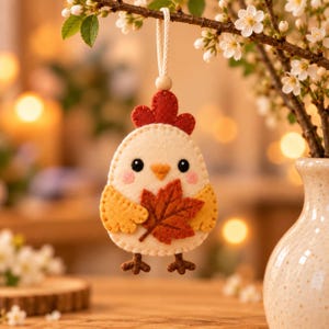 May include: A felt chicken ornament in cream, yellow, and red, featuring a small orange beak, pink cheeks, and a dark brown maple leaf held in its wing. The ornament hangs from a white cord with a wooden bead and has dark brown stitched feet.
