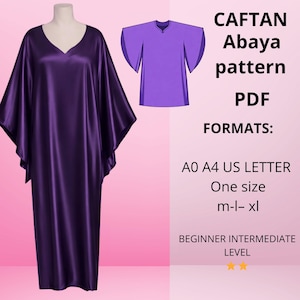 Peut inclure: Un patron de caftan abaya violet au format PDF. L'image montre une longue robe fluide à col en V avec des manches larges, et une petite illustration du patron. Le texte comprend "CAFTAN Abaya pattern PDF" et les détails de taille.