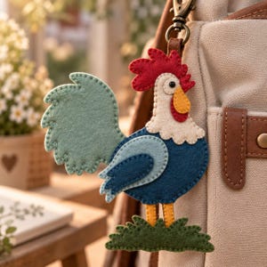 May include: A felt rooster keychain featuring a red comb, a yellow beak, a cream-colored neck, a dark blue body, and a light blue tail. The rooster stands on a patch of dark green grass and is attached to a metal clasp on a beige canvas bag.
