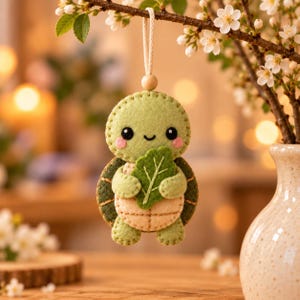 Puede incluir: Un adorno de fieltro con forma de tortuga en tonos verde claro y oscuro con el vientre color crema. La tortuga tiene ojos negros, mejillas rosadas, una pequeña sonrisa y sostiene una hoja de fieltro verde oscuro. Incluye cordón y cuenta.