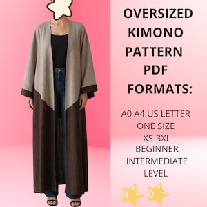 Peut inclure: Un long kimono surdimensionné dans les tons marron et beige est présenté. Le vêtement est porté par une personne. Le texte sur le côté droit de l'image indique "OVERSIZED KIMONO PATTERN PDF FORMATS: A0 A4 US LETTER ONE SIZE XS-3XL BEGINNER INTERMEDIATE LEVEL."
