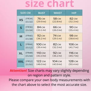 May include: A size chart with measurements in centimeters and inches for bust, waist, and hip. Sizes range from XS to XXL, with corresponding measurements. The chart includes a warning about size variations and a suggestion to compare body measurements.