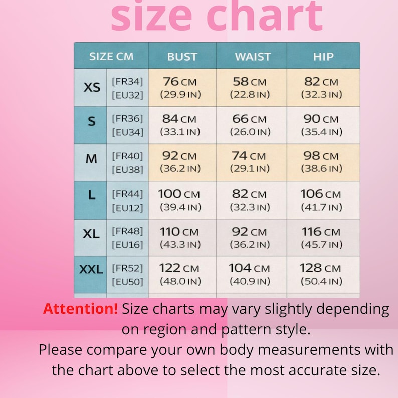 May include: A size chart with measurements in centimeters and inches for bust, waist, and hip. Sizes range from XS to XXL, with corresponding measurements. The chart includes a warning about size variations and a suggestion to compare body measurements.