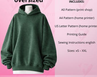 Patrón de sudadera con capucha extragrande: Sudadera unisex (PDF, tallas XS-XXL) Descarga digital