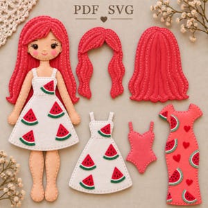 May include: A felt doll with long pink hair wearing a white dress with watermelon slices, accompanied by an extra pink hair piece, a separate white watermelon dress, a pink leotard, and a long pink dress featuring watermelon slices and hearts.