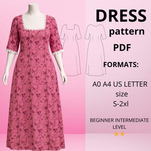 May include: A pink floral dress on a mannequin with a square neckline and three-quarter sleeves. The dress pattern is available in PDF format, sizes S-2XL, and is suitable for beginner to intermediate sewers. The image also includes dress diagrams.