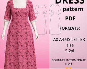 Patrón de vestido caftán con cuello cuadrado, tallas S-2XL (PDF digital)