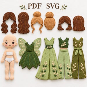 Könnte beinhalten: Ein Filz-Anziehpuppen-Set mit einer neutralen Puppe, drei verschiedenen Frisuren in Braun und Beige sowie vier grünen Outfits, darunter ein Feenkleid mit Flügeln, ein langes Kleid, ein bauchfreies Oberteil mit Hose und ein Jumpsuit mit Blattstickerei.