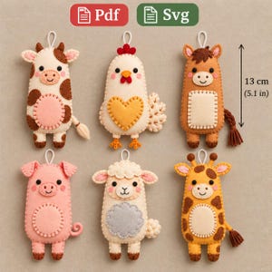 May include: Six felt animal ornaments including a cow, chicken, horse, pig, sheep, and giraffe. Each figure features a hanging loop and measures 5.1 inches in height. The set includes PDF and SVG file formats for crafting these designs.