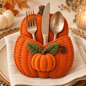 May include: An orange felt pumpkin-shaped cutlery holder featuring a smaller stuffed pumpkin accent, two green felt leaves, and a brown stem. The holder contains a silver-toned metal fork, a dinner knife, and a spoon tucked inside the pocket.