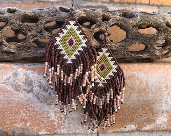 Southwestern style beaded fringe earrings/ chevron/ brick stitch/ thai silver/ statement earrings/ native style earrings/ pattern/