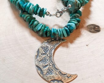 Blue turquoise beaded long necklace with sterling silver hand stamped crescent moon pendant