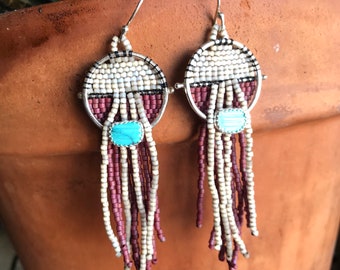 Beaded turquoise fringe earrings