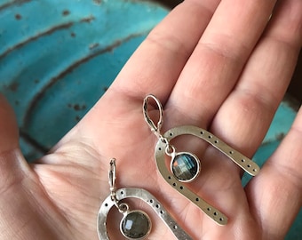 Faceted grey blue labradorite horseshoe rainbow shaped hammered dangly earrings with sterling silver lever backs