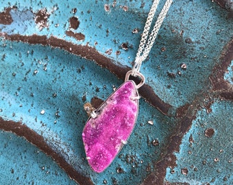 Pink druzy quartz sterling silver chain necklace