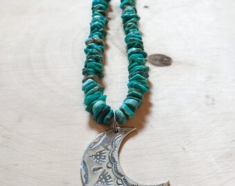 Blue turquoise beaded long necklace with sterling silver hand stamped crescent moon pendant