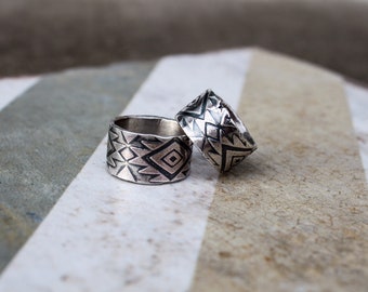 Recycled silver roller printed southwestern pattern wide band ring