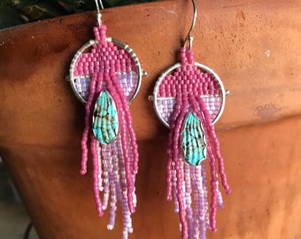 Beaded turquoise fringe earrings