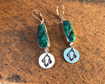 Green nugget natural Fox turquoise hand stamped dangly earrings with lever backs