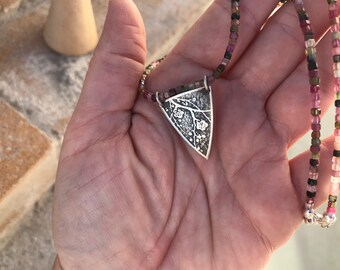 Silver cherry blossom triangle pendant and square faceted watermelon tourmaline beaded necklace