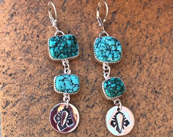 Green blue square rectangle nugget natural Fox turquoise hand stamped dangly earrings with lever backs