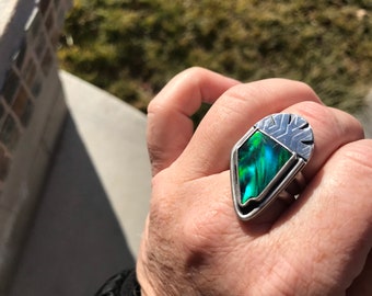 Aurora borealis northern light monarch opal Nevada statement ring sterling silver