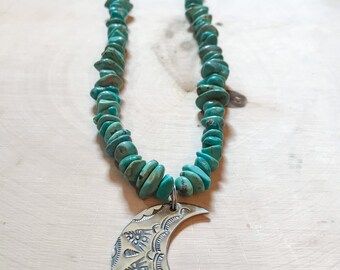 Blue turquoise beaded long necklace with sterling silver hand stamped crescent moon pendant