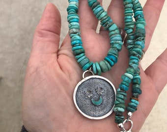 Mexican turquoise nugget beaded necklace smiley face sterling silver hook closure necklace