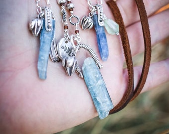 Blue Kyanite shard crystal with sterling silver casted succulent charm silver chain lobster claw clasp closure necklace