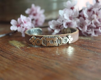 Goat skin leather and sterling silver cuff with hand stamped design on thick gauge sterling silver