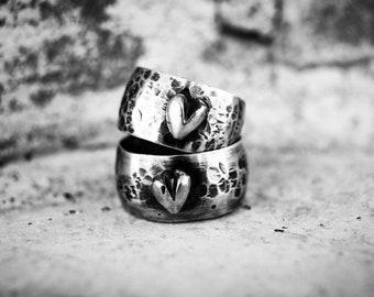 Rustic Puffy sweet heart wide band hammered silver ring/ heart jewelry/ hearts/ hand hammered/ hand stamped ring/