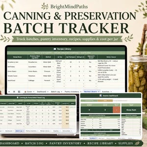 Kalkylblad för batchspårning av konservering och konservering | Skafferiinventering, burklogg, kostnad per burk, kalkylator | Google Sheets Excel | Direktnedladdning