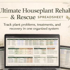 May include: A laptop and two tablets displaying a spreadsheet with the text "Ultimate Houseplant Rehab & Rescue SPREADSHEET". The text "Track plant problems, treatments, and recovery in one organized system" is also visible. The background is a light beige with leaf illustrations.
