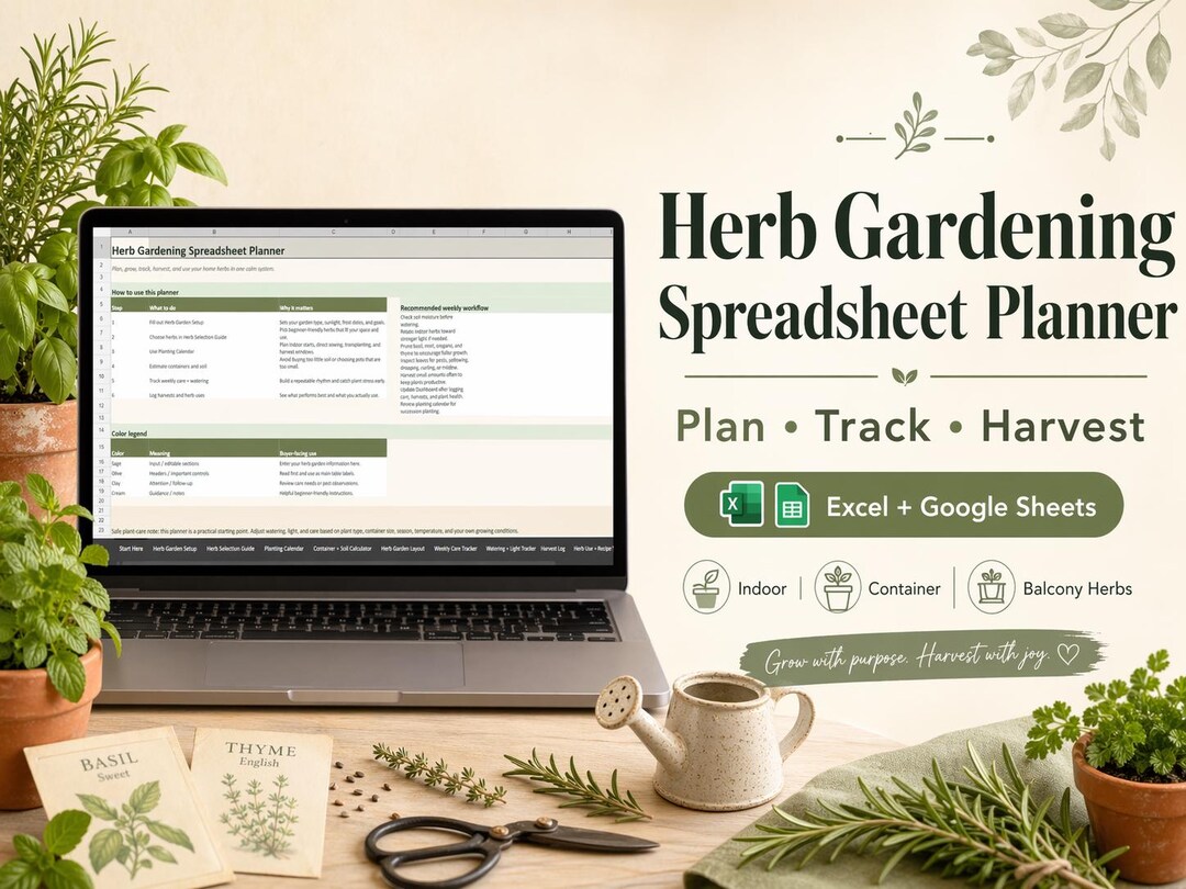 Herb Garden Planner Spreadsheet, Indoor Herb Tracker, Container Herb ...