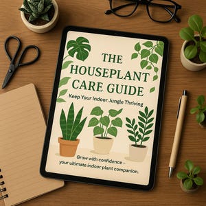 Pode incluir: Um tablet exibe "THE HOUSEPLANT CARE GUIDE" com ilustrações de plantas. Está sobre uma mesa de madeira com um caderno, tesoura, caneta, óculos e pequenas plantas em vasos. O guia promete ajudá-lo a "Keep Your Indoor Jungle Thriving."