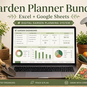 May include: A laptop showing a garden dashboard with charts and data, alongside gardening tools, plants, and vegetables. The image includes the text "Garden Planner Bundle" and "Excel + Google Sheets". The scene is set to promote digital garden planning.