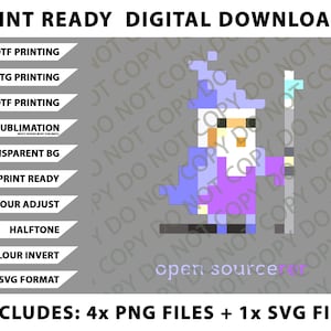 May include: Digital download graphic of an 8-bit pixel art wizard in purple and blue robes, holding a staff. The image includes text indicating print-ready options and file formats, such as PNG and SVG.