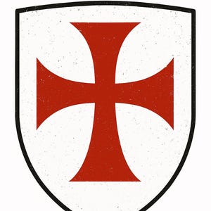 May include: A shield-shaped emblem featuring a red cross design on a white background. The cross has four arms of equal length, and the shield is outlined in black. The design has a slightly distressed, vintage appearance.