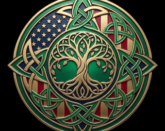 Celtic American Heritage Tree Art • Print met knoop en vlag van de VS (digitale download)